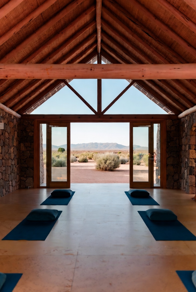 A serene wellness scene, possibly with a yoga deck or a peaceful garden