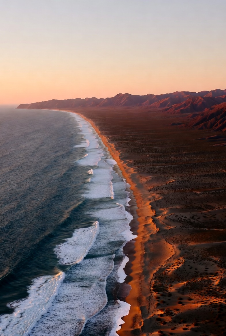 A panoramic view of the Baja California desert meeting the Pacific Ocean